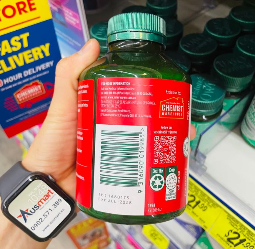 Viên uống bổ sung Magie Nature's Own Magnesium Chelate 500mg for Muscle Health 250 viên