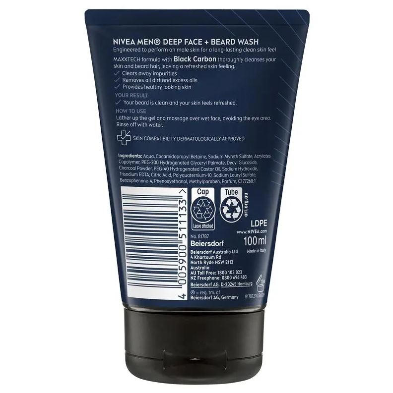 Sữa rửa mặt than hoạt tính cho nam NIVEA Men Deep Clears Away Impurities Face & Beard Wash 100ml