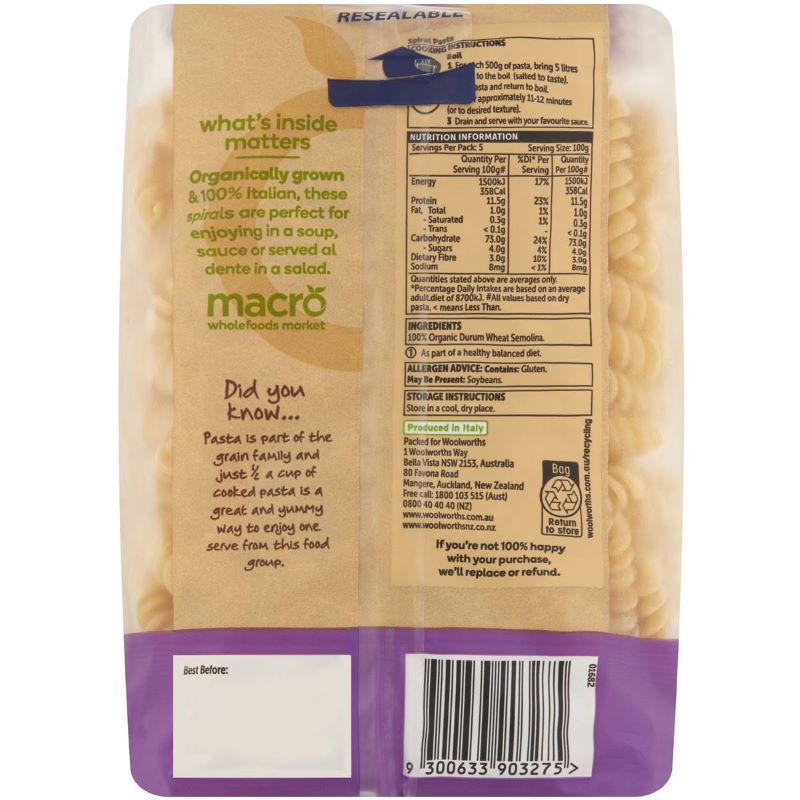 Nui xoắn hữu cơ Macro Organic Spirals pasta 500g