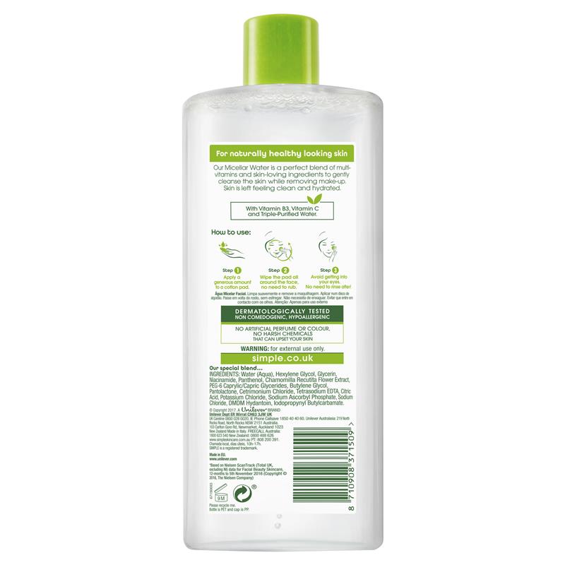Nước tẩy trang da nhạy cảm Simple Micellar Cleansing Water 400ml | Sản phẩm Úc