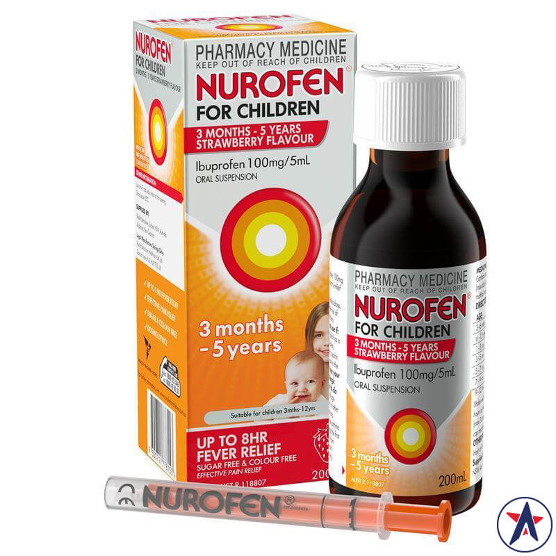 Nurofen giảm đau hạ số cho bé từ 3 tháng đến 5 tuổi (Ibuprofen 100mg/5ml) vị Dâu 200ml | Hàng xách tay Úc chính hãng
