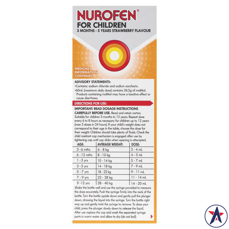 Nurofen giảm đau hạ số cho bé từ 3 tháng đến 5 tuổi (Ibuprofen 100mg/5ml) vị Dâu 200ml | Sản phẩm chính hãng Úc