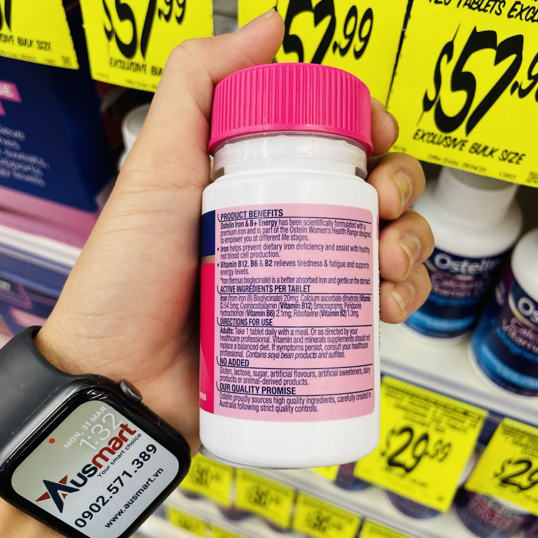 Viên uống bổ sung sắt Ostelin Iron & B+ Energy hỗ trợ tạo máu