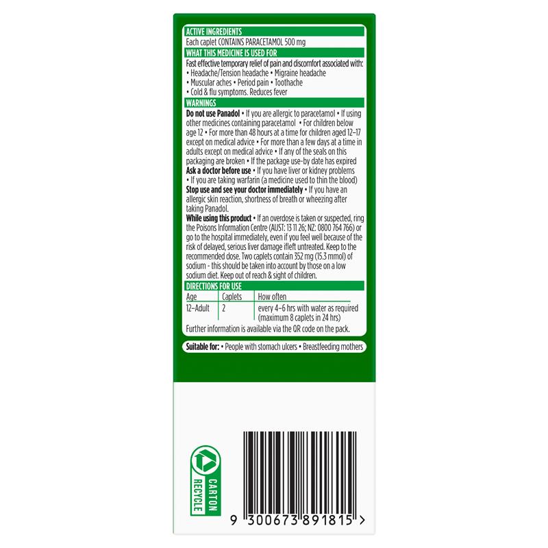 Giảm đau hạ sốt tác động nhanh Panadol Rapid Paracetamol 500mg viên oval