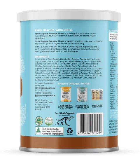 Bột đạm thực vật hữu cơ Sprout Organic kids Essential Shake vị Chocolate 700g