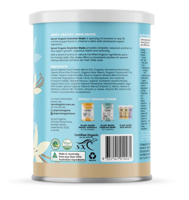 Bột đạm thực vật hữu cơ Sprout Organic Kids Essential Shake vị Vanilla 700g