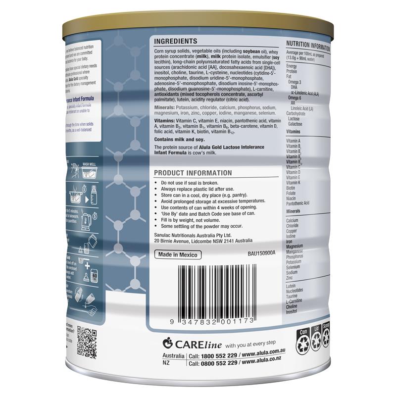 Sữa Alula Gold L.I Lactose Intolerance 900g (0-12 tháng)