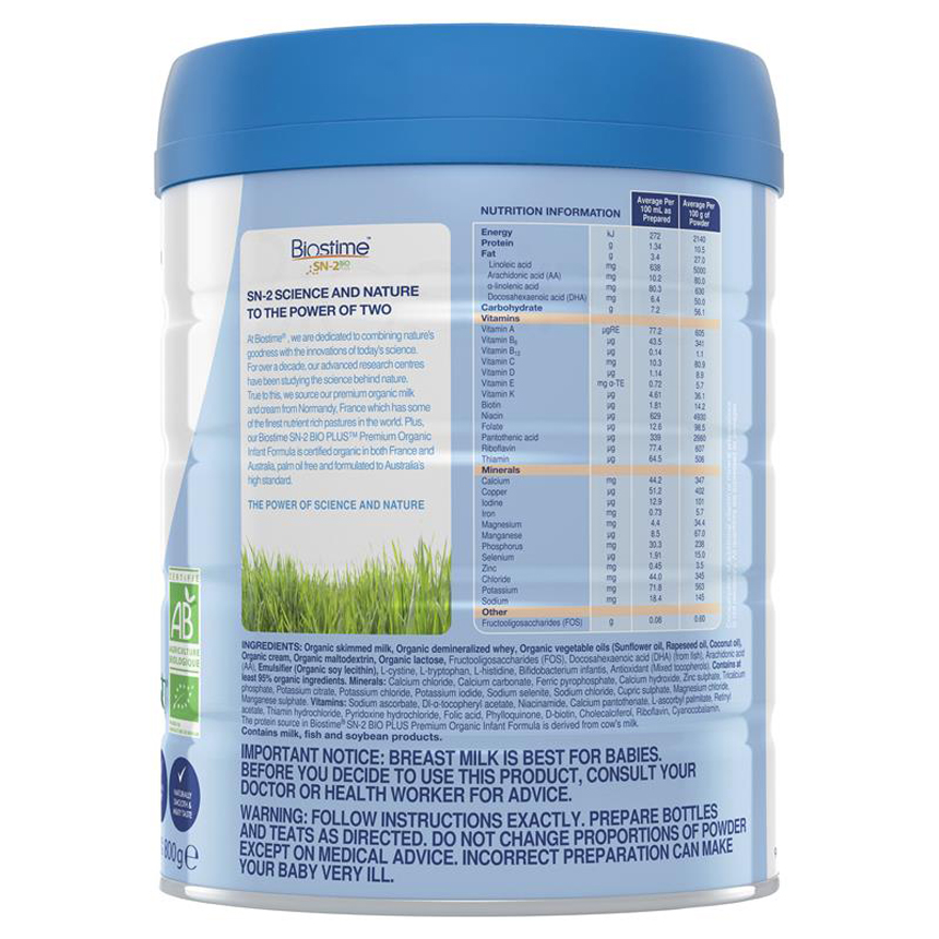 Sữa Organic Biostime SN-2 số 1 Premium 800g cho trẻ từ 0-6 tháng