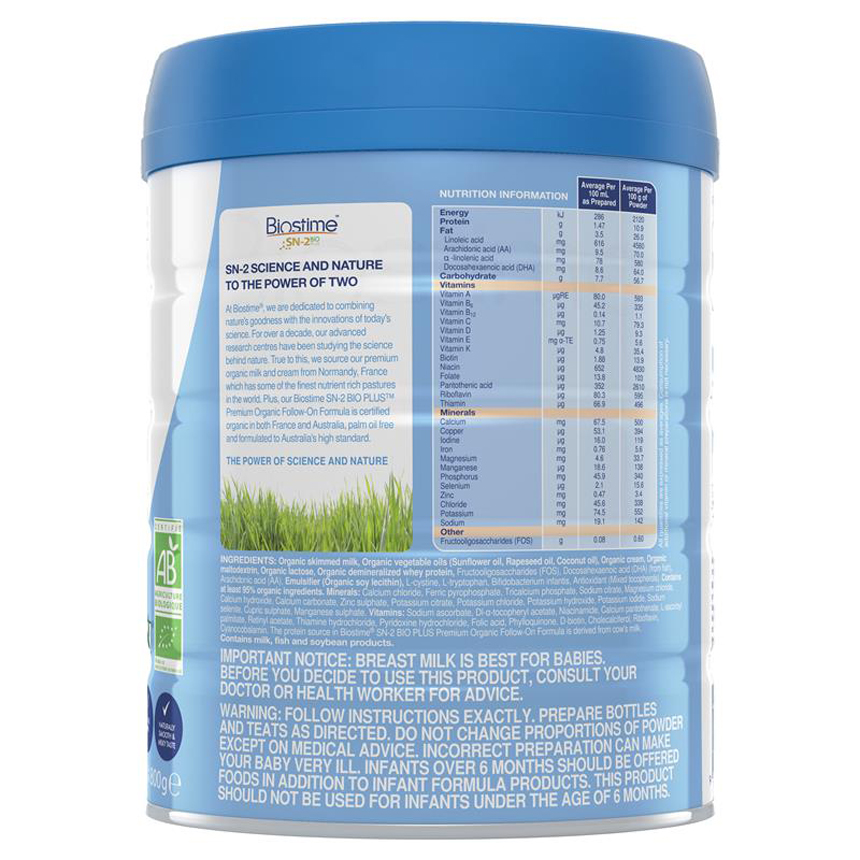 Sữa Organic Biostime SN-2 số 2 Premium 800g cho trẻ từ 6-12 tháng | Sản phẩm chính hãng Úc