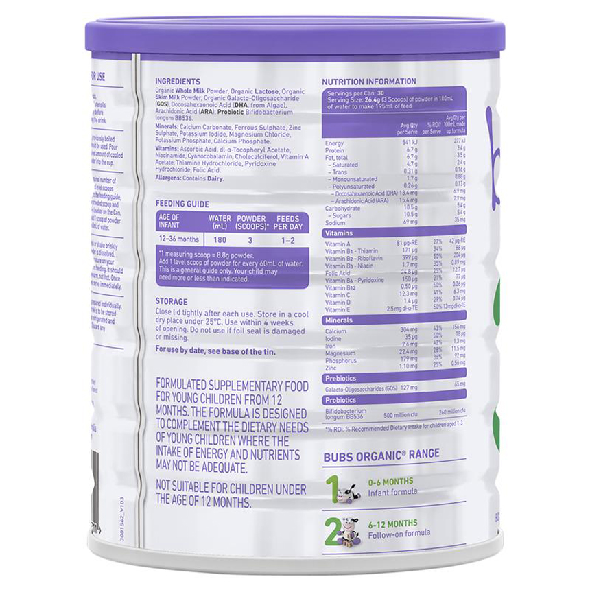 Sữa Bubs Organic số 3 Grass Fed Toddler 800g cho trẻ 1 đến 3 tuổi | Mua sắm hàng Úc tại Ausmart