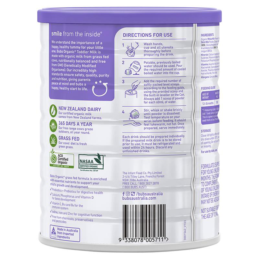 Sữa Bubs Organic số 3 Grass Fed Toddler 800g cho trẻ 1 đến 3 tuổi | Thương hiệu Úc