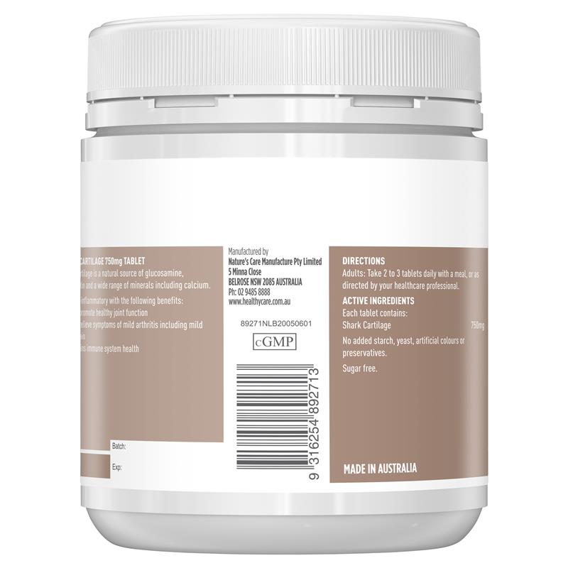thông tin trên bao bì Sụn vi cá mập Úc Healthy Care Shark Cartilage 750mg 200 viên | Xuất xứ Úc