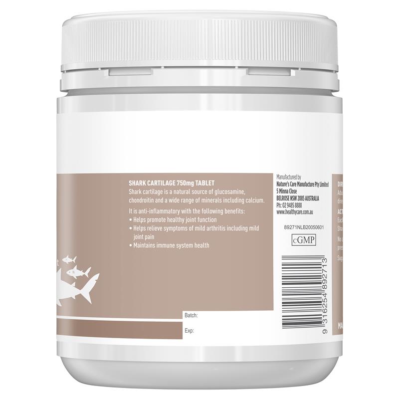 thông tin trên bao bì Sụn vi cá mập Úc Healthy Care Shark Cartilage 750mg 200 viên | Mua sắm hàng Úc tại Ausmart