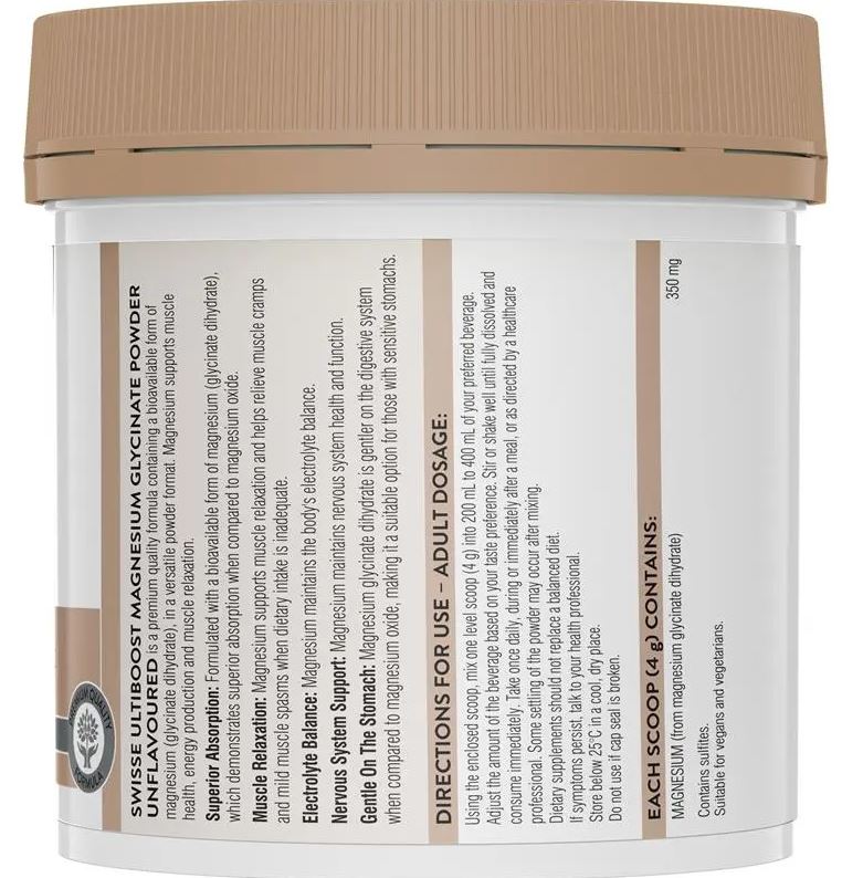 Bột uống Magie hỗ trợ cơ bắp Swisse Ultiboost Magnesium Glycinate Unflavoured Powder