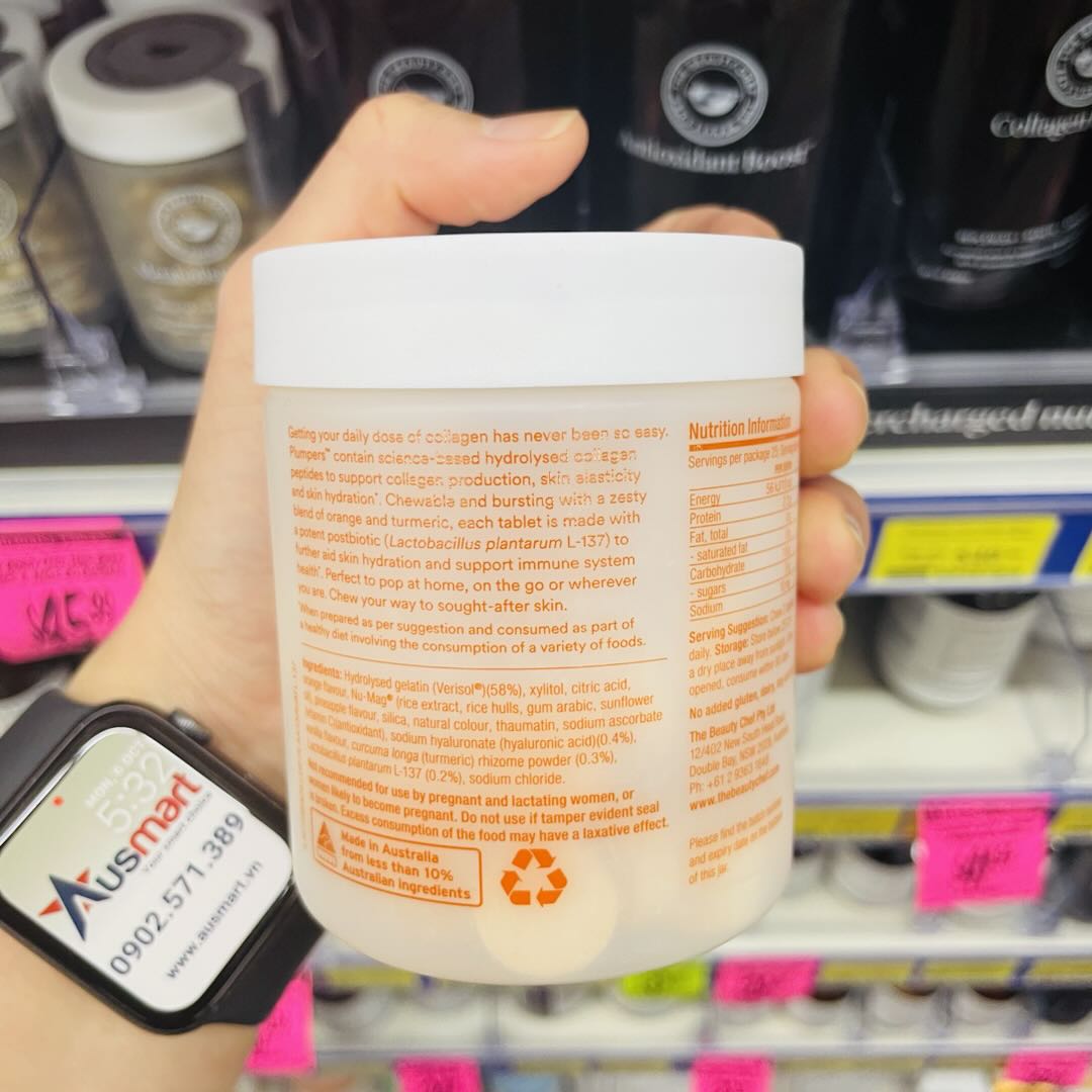 Viên nhai bổ sung collagen The Beauty Chef Plumpers Collagen Orange & Turmeric