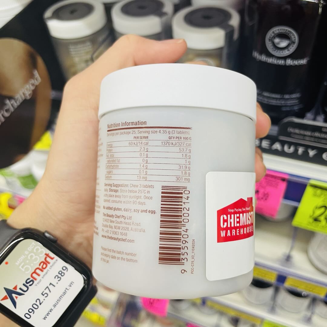 Viên nhai bổ sung collagen vị Sô-cô-la The Beauty Chef Plumpers Chocolate Collagen Peptides