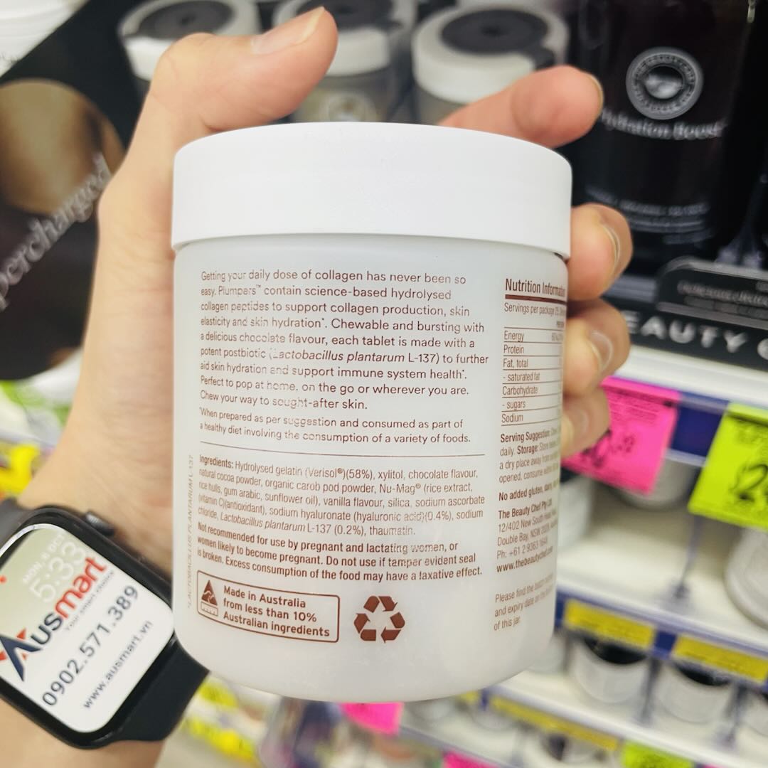 Viên nhai bổ sung collagen vị Sô-cô-la The Beauty Chef Plumpers Chocolate Collagen Peptides