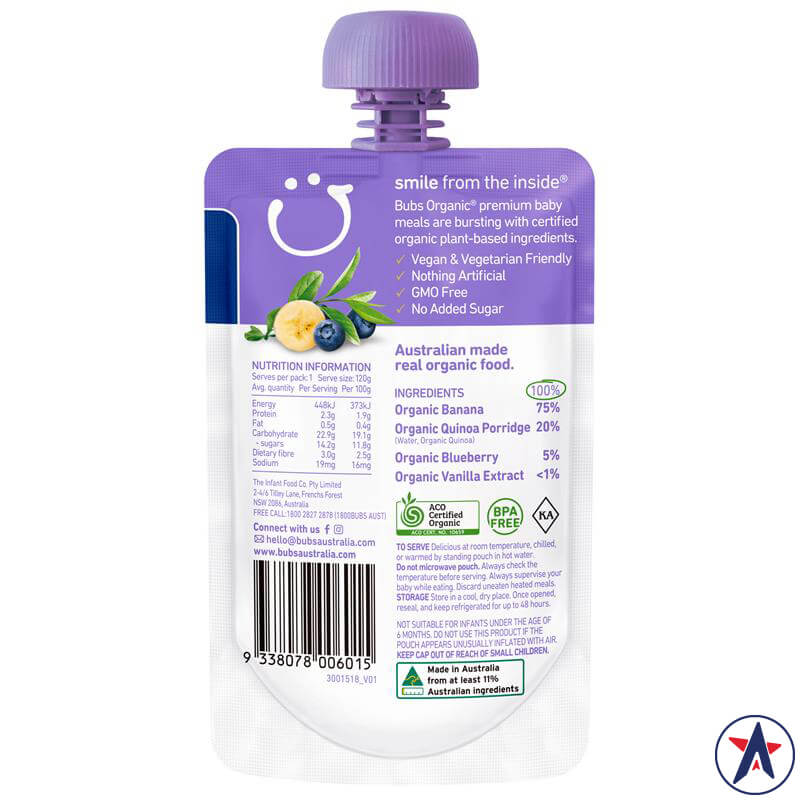 Trái cây nghiền Bubs Organic Blueberry Banana & Quinoa 6 Months+ 120g