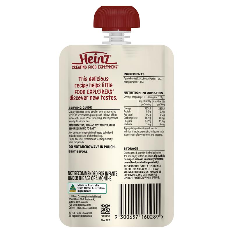 Trái cây nghiền cho bé Heinz Apple Peach & Mango Pouch 120g | Sản phẩm chất lượng từ Úc
