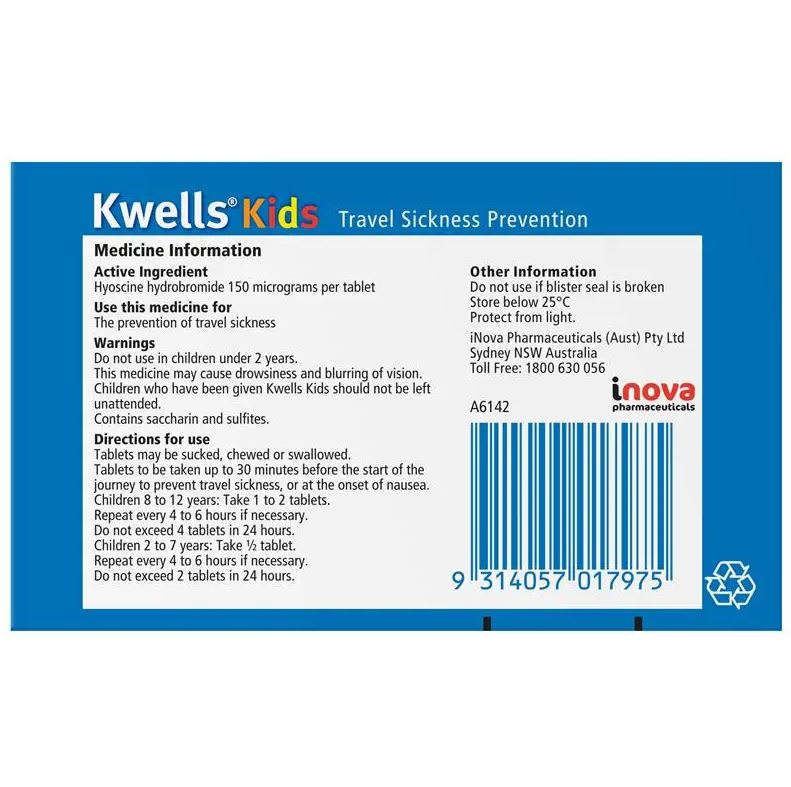 Viên nhai phòng và chống say tàu xe cho bé Kwells Kids Travel Sickness 12 viên