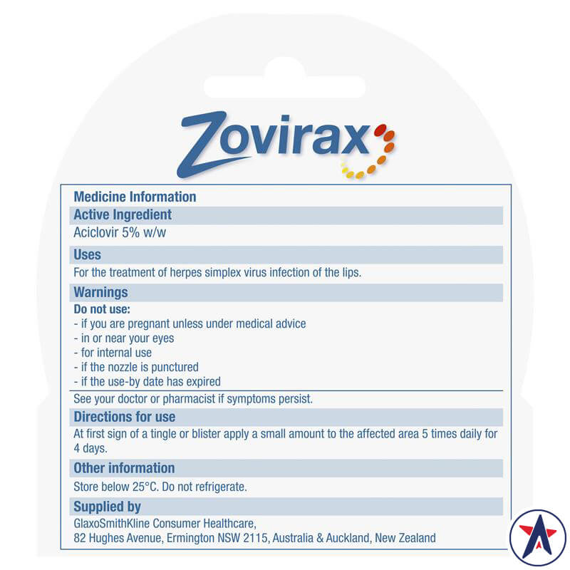 Tuýp kem trị vết loét lạnh Zovirax Cold Sore (Aciclovir 5%) Cream 2g | Thương hiệu Úc chính hãng