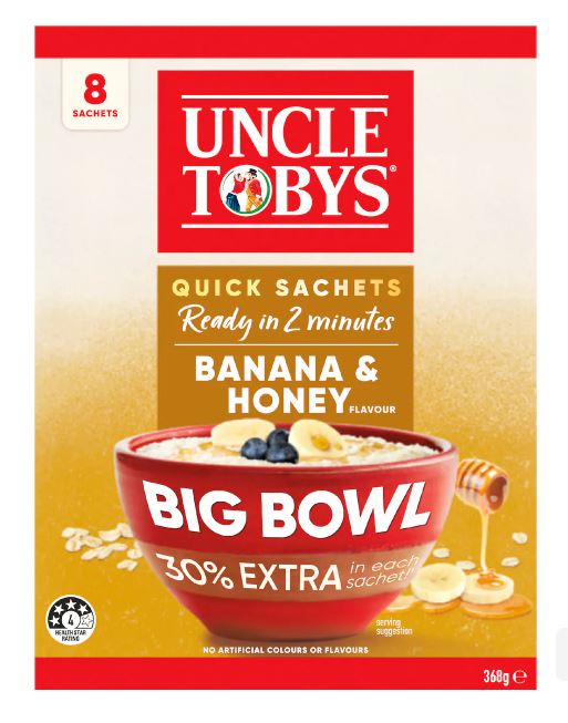 Yến mạch ăn liền vị chuối và mật ong Uncle Tobys Oats Quick Sachets Big Bowl 368g