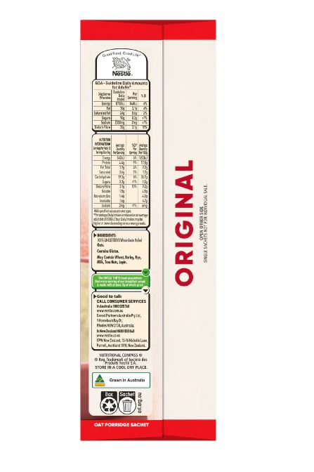 Bột yến mạch của Úc Uncle Tobys Oats Quick Sachets Original 340g