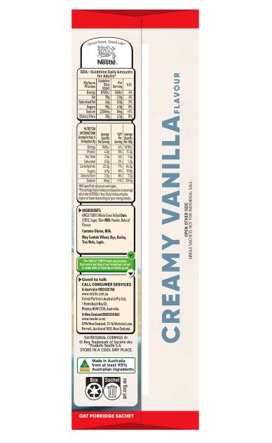 Yến mạch ăn liền Uncle Tobys Oats Sachets Creamy Vanilla 10 pack