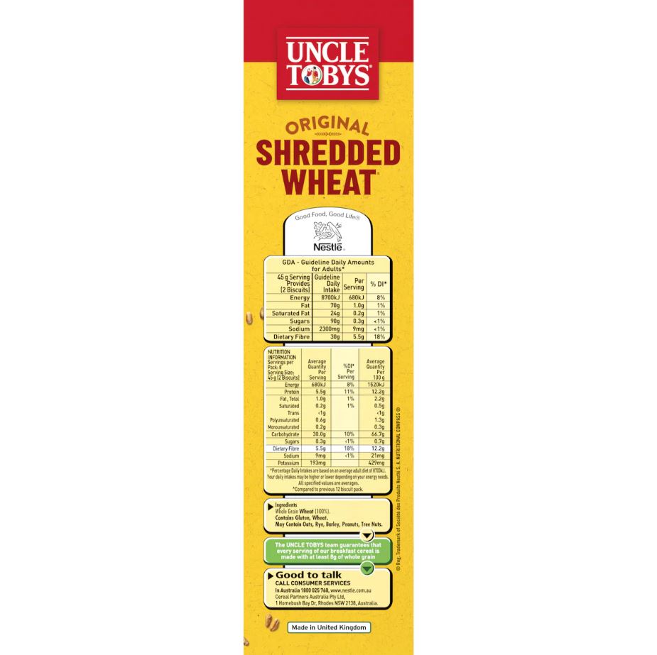 Bánh ngũ cốc lúa mì nguyên cám Uncle Tobys Original Shredded Wheat Biscuits