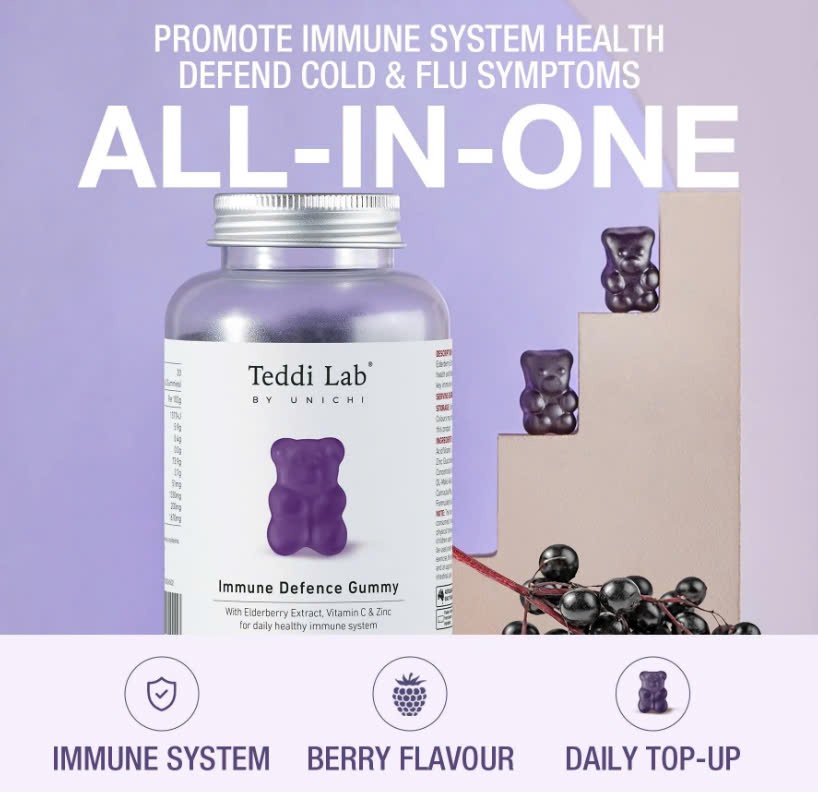 Kẹo dẻo tăng cường miễn dịch Unichi Teddi Lab Elderberry Immune Defence Gummy 60 viên