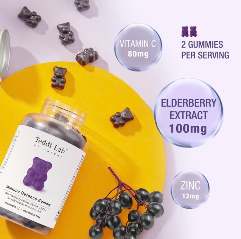 Kẹo dẻo tăng cường miễn dịch Unichi Teddi Lab Elderberry Immune Defence Gummy 60 viên