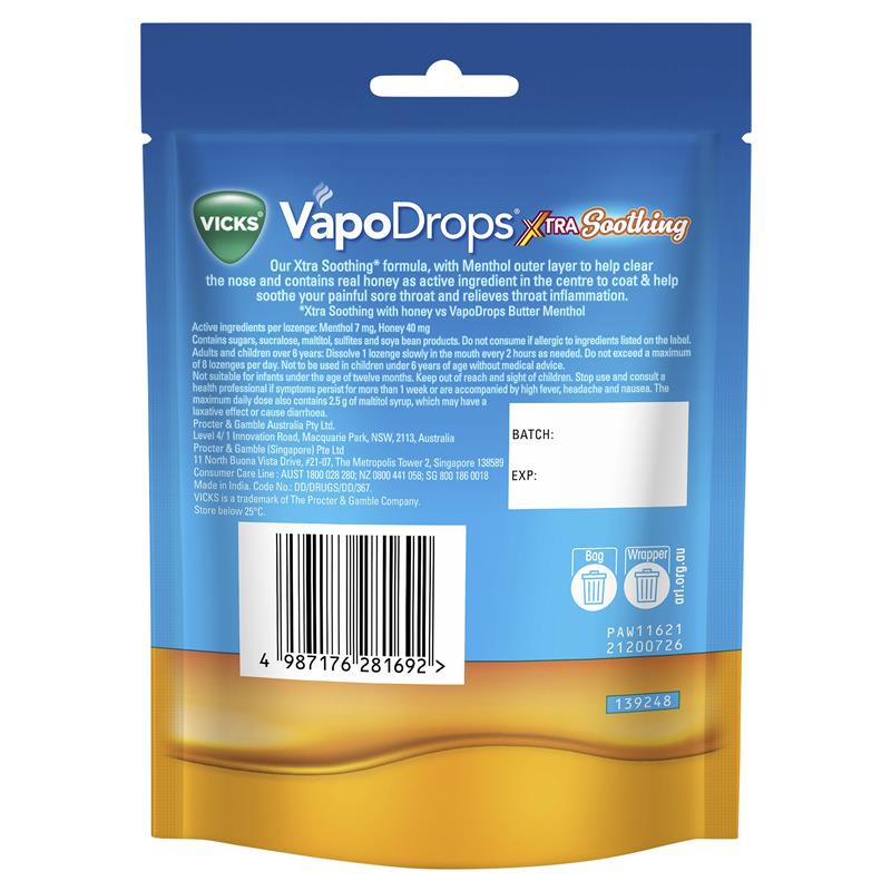 Kẹo ngậm ho vị mật ong Vicks VapoDrops Xtra Soothing