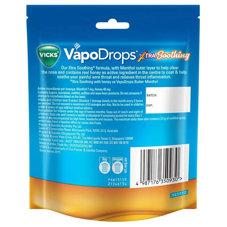 Kẹo ngậm ho vị mật ong Vicks VapoDrops Xtra Soothing