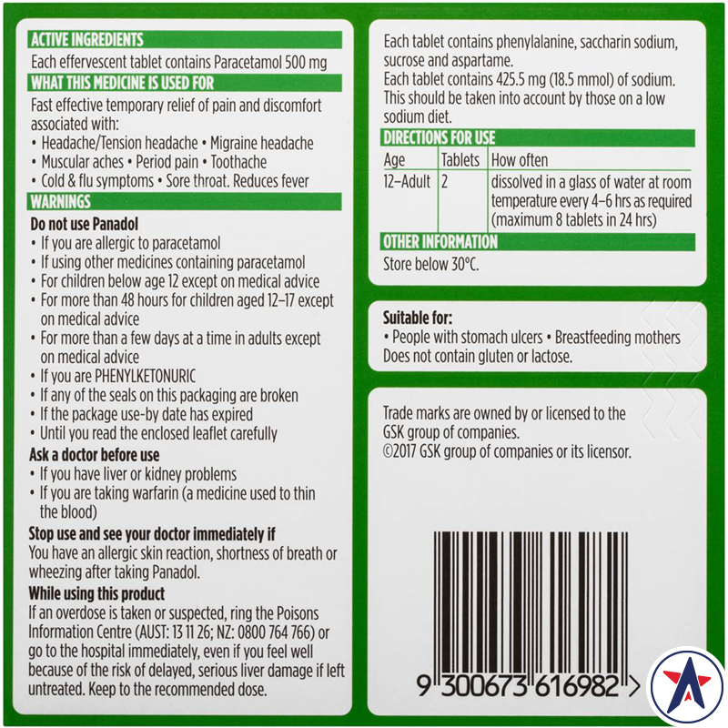 Viên sủi Panadol Rapid Soluble Paracetamol 500mg 20 viên