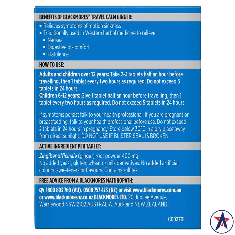Viên uống chống say xe Blackmores Travel Calm Ginger Anti-Nausea Vitamin 45 viên