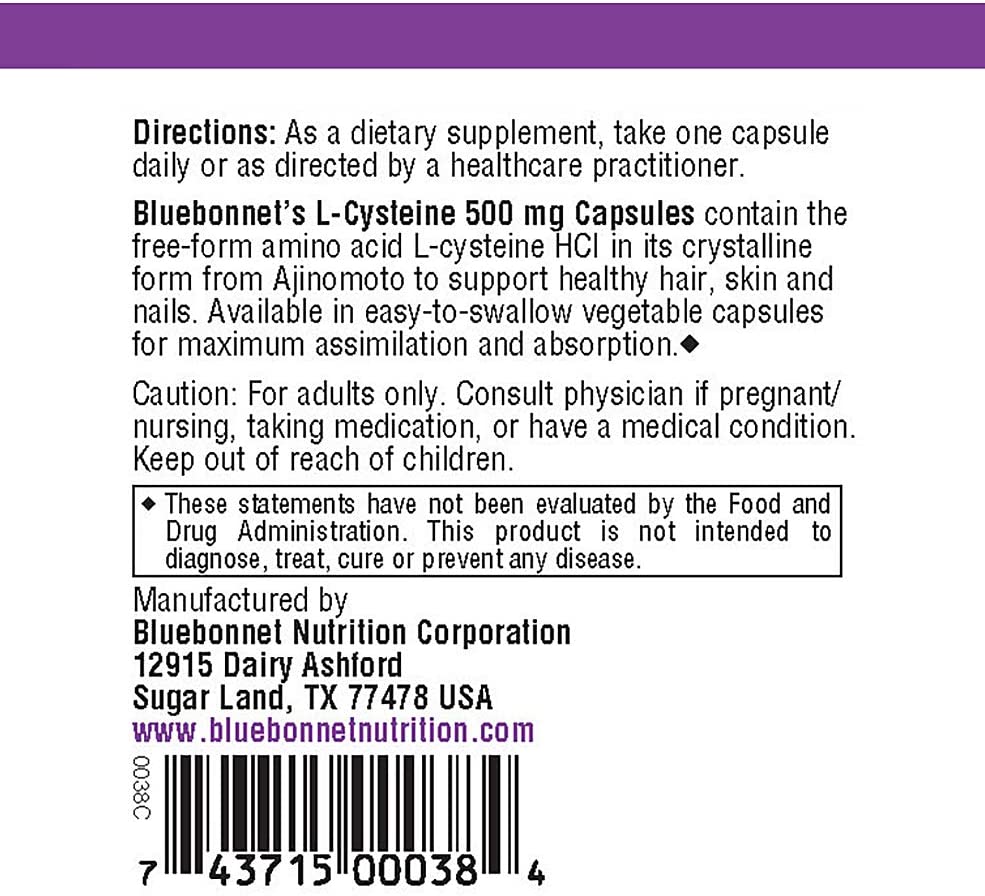 L-Cystine 500mg Bluebonnet đẹp da móng tóc 60 viên | Nhập khẩu từ Úc