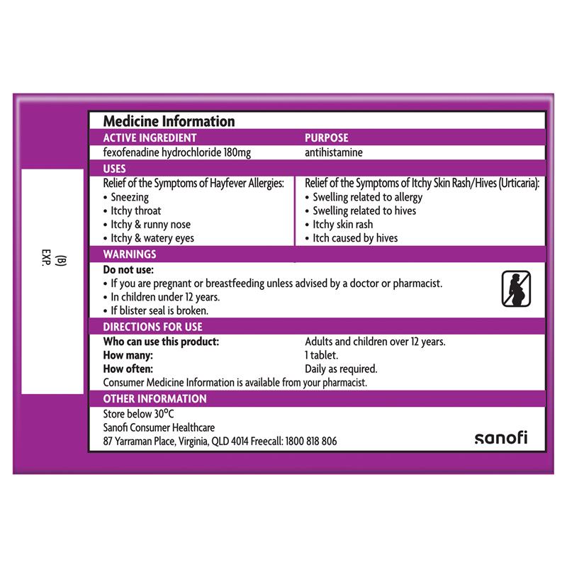 Viên uống giảm dị ứng Telfast Hayfever Allergy Relief 180mg Non-Drowsy