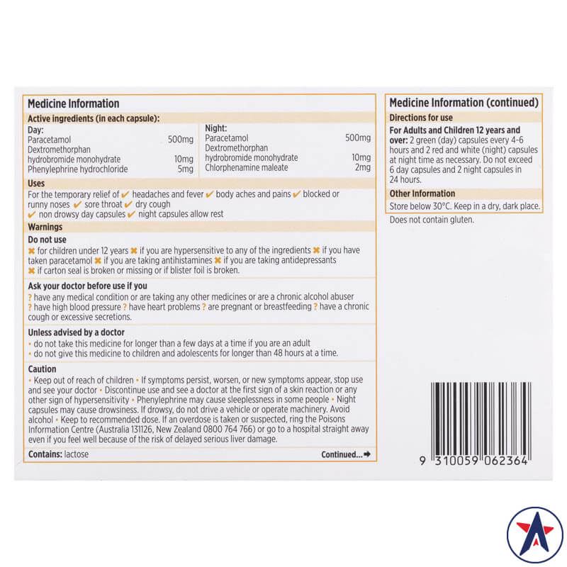 Viên uống trị cảm cúm & ho khan Codral Cold & Flu + Cough Day & Night 24 viên