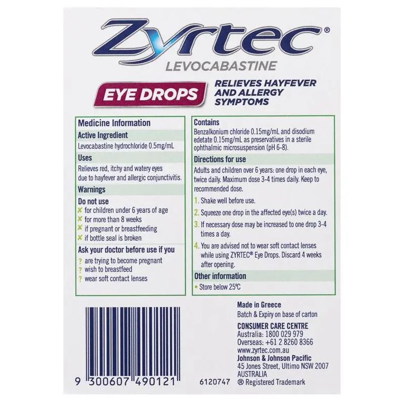 Thuốc nhỏ mắt Zyrtec Antihistamine Hayfever & Allergy Eye Drops 4ml