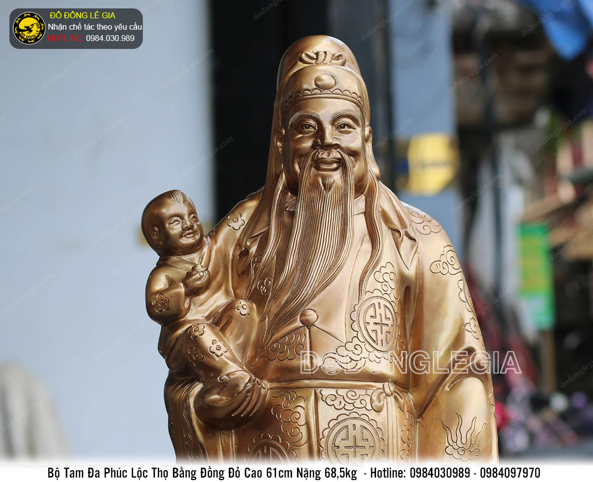 Bộ tượng Phúc Lộc Thọ bằng đồng đỏ cao 61cm