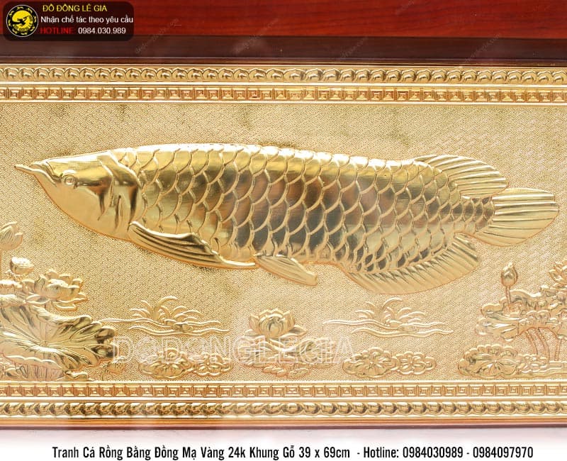 Tranh Cá Rồng mạ vàng 24k khung gỗ 39x69cm