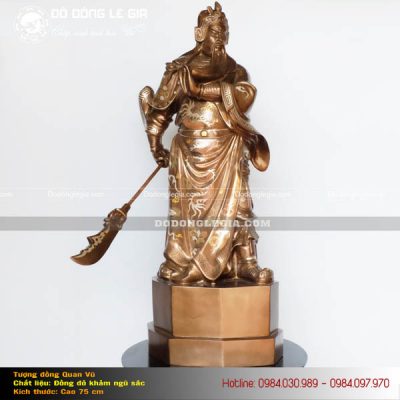 Tượng Quan Công Bằng Đồng Đỏ Khảm Ngũ Sắc Cao 75cm