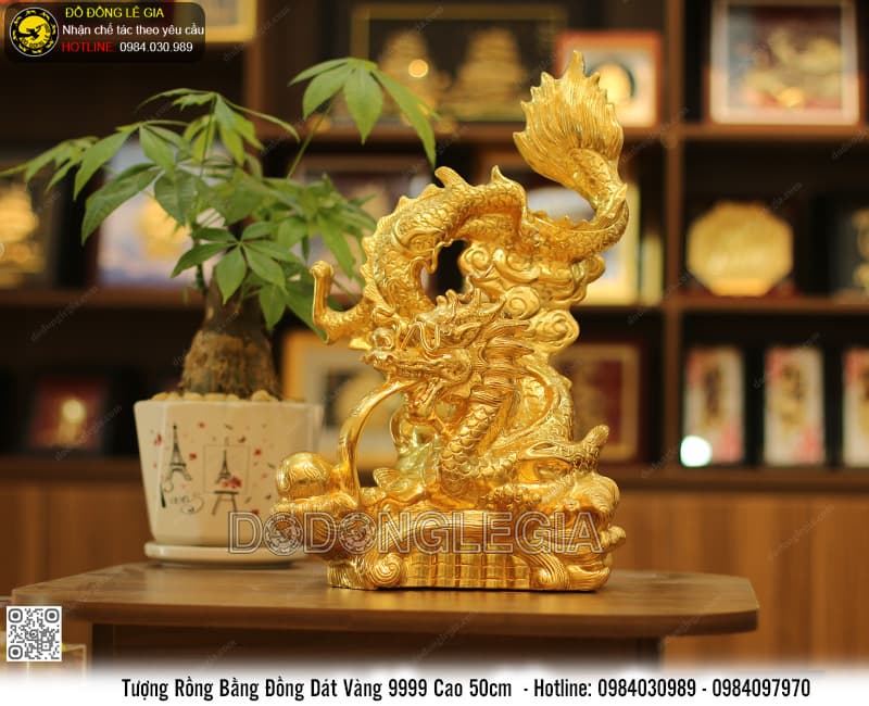 Tượng Rồng bằng đồng đỏ dát vàng 9999 cao 50cm