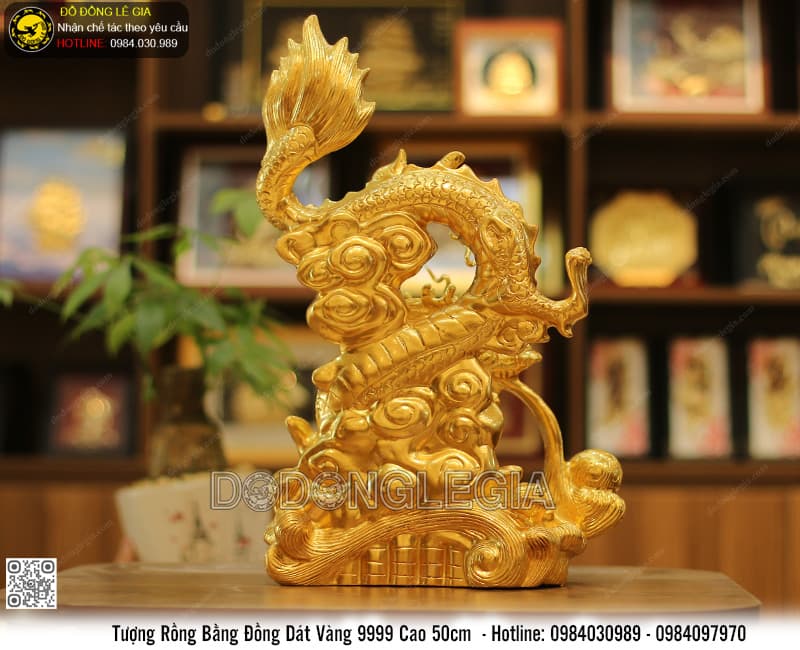 Tượng Rồng bằng đồng đỏ dát vàng 9999 cao 50cm