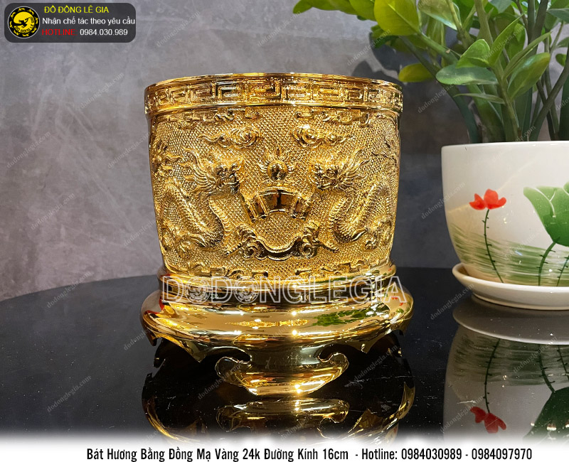 Bát hương đường kính 16cm bằng đồng mạ vàng 24k