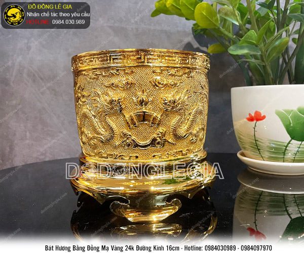 Bát hương đường kính 16cm bằng đồng mạ vàng 24k