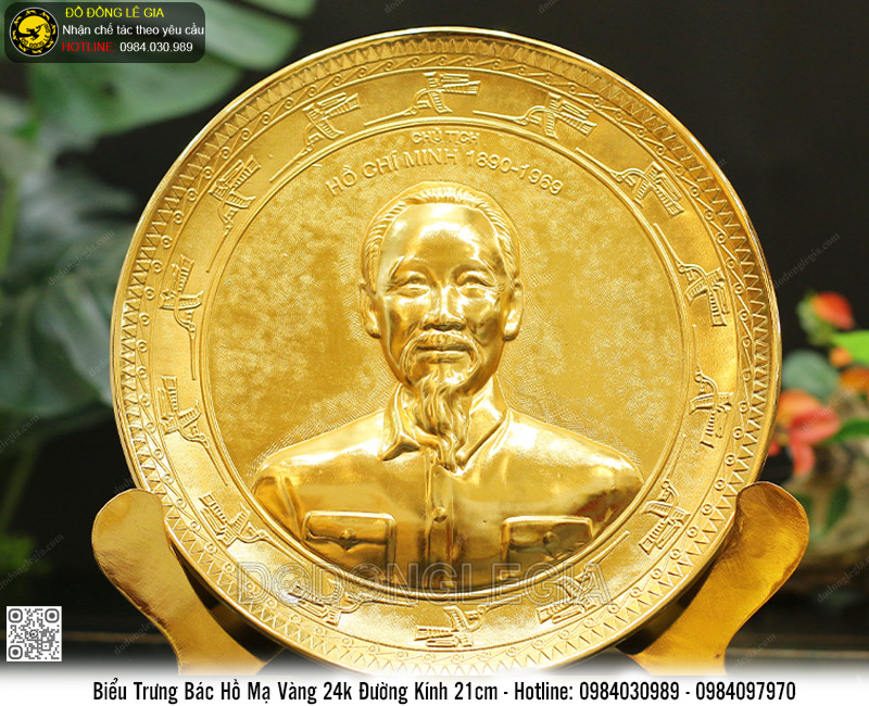 Biểu Trưng Mặt Đĩa Bác Hồ Bằng Đồng Mạ Vàng 24k DK21cm