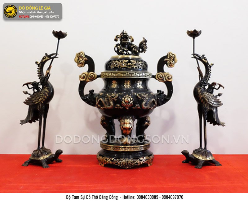 Bộ ngũ sự bằng đồng sơn đen chạm rồng phượng cao 50cm