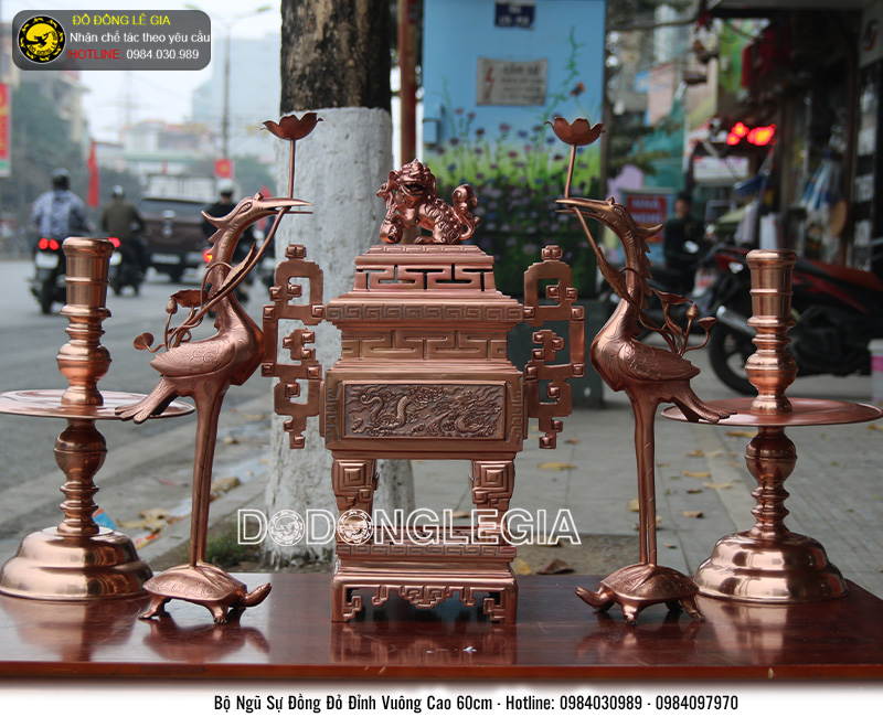 Bộ đồ thờ ngũ sự đỉnh vuông chạm tứ linh cao 60cm hàng thửa