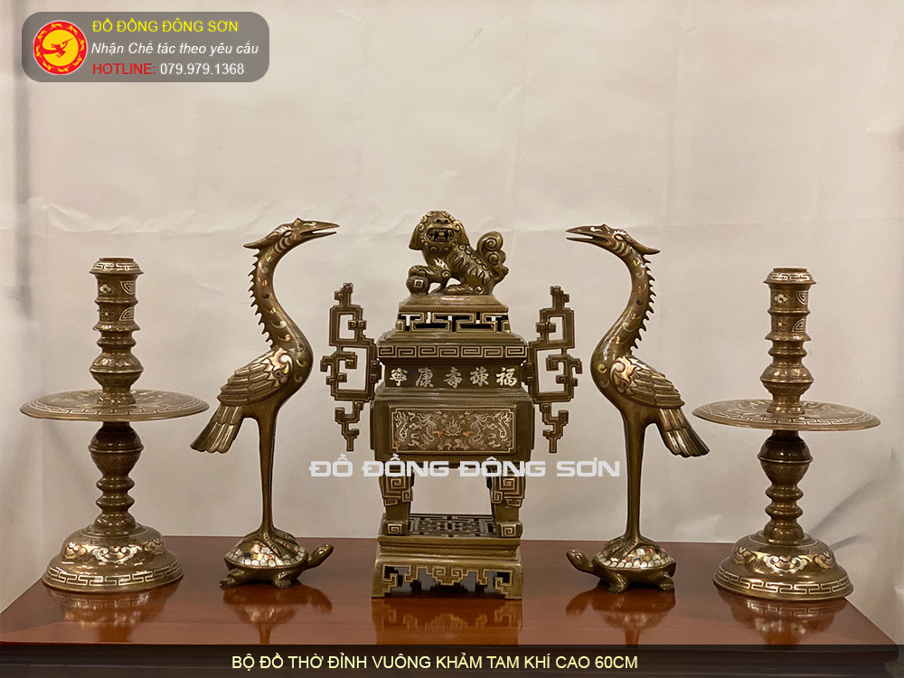Bộ đồ thờ đỉnh vuông cao 60cm khảm tam khí